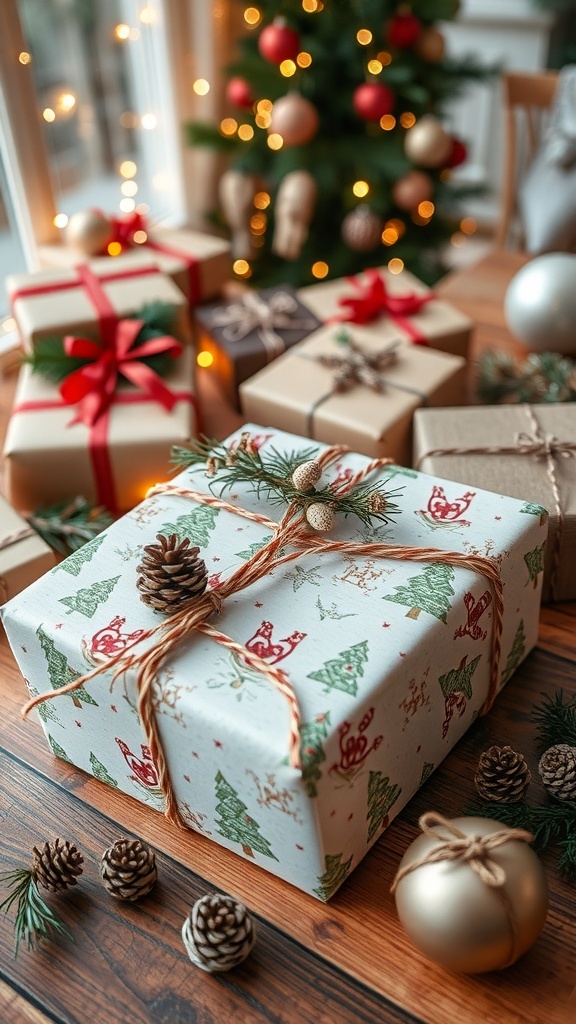 A creatively wrapped Christmas gift with twine and natural elements on a festive table.